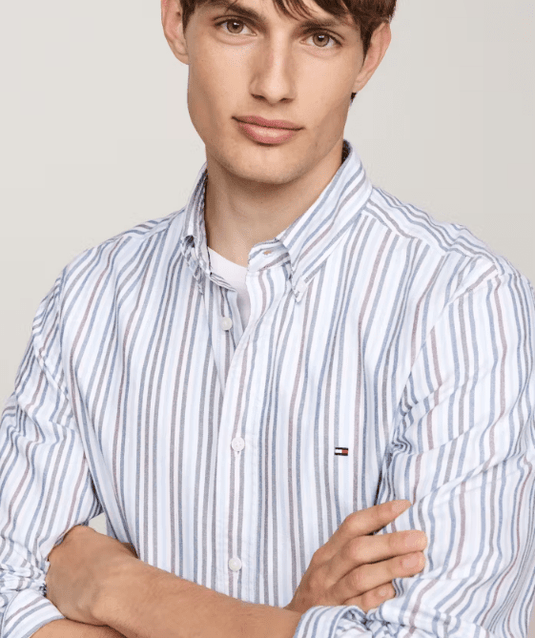 Tommy Hilfiger Mens Multi Stripe Regular Fit Oxford Short Sleeve Shirt