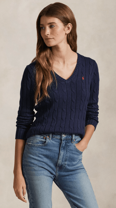 Ralph Lauren Womens Cable-Knit Cotton V-Neck Jumper