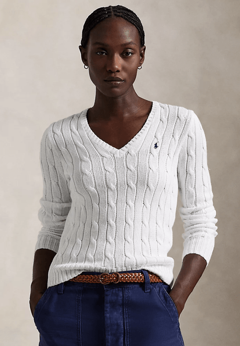 Ralph Lauren Womens Cable-Knit Cotton V-Neck Jumper