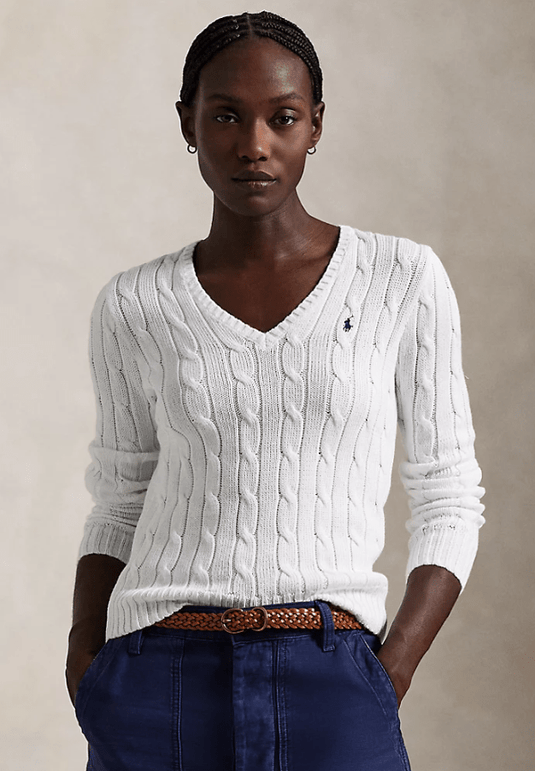 Ralph Lauren Womens Cable-Knit Cotton V-Neck Jumper