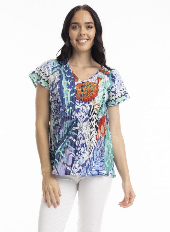 Load image into Gallery viewer, Orientique Womens Cayman Short Sleeve Pleated Top
