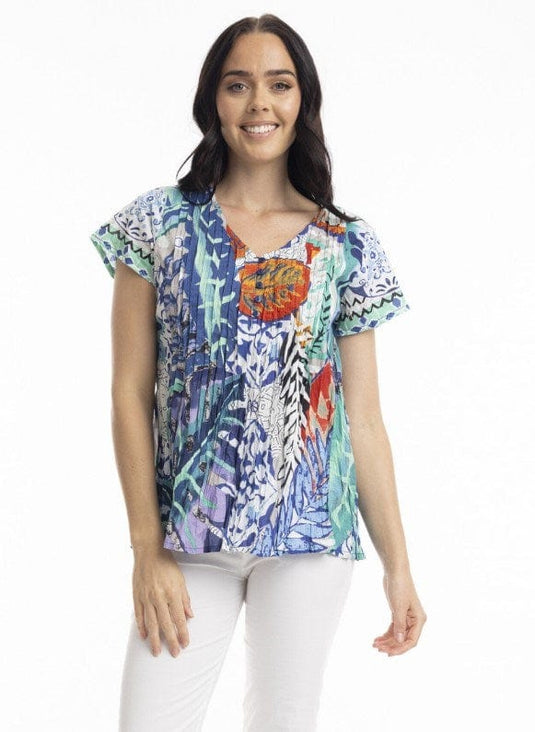 Orientique Womens Cayman Short Sleeve Pleated Top