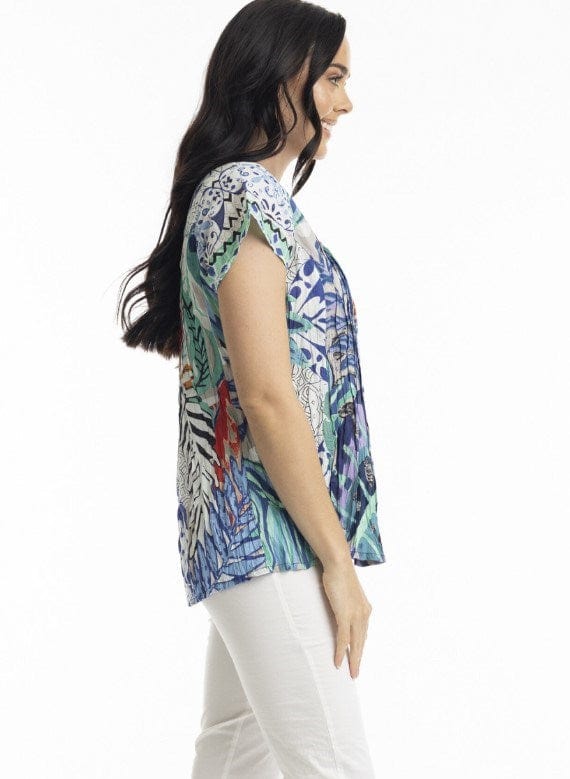 Load image into Gallery viewer, Orientique Womens Cayman Short Sleeve Pleated Top
