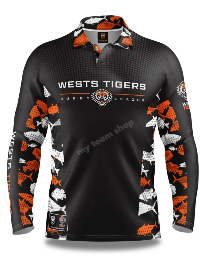 Load image into Gallery viewer, NRL Mens Long Sleeve Wests Tigers &#39;Reef Runner&#39; Fishing Polo Tee Shirt
