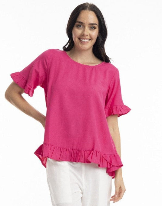 Orientique Womens Essentials Linen Blend Frill Top