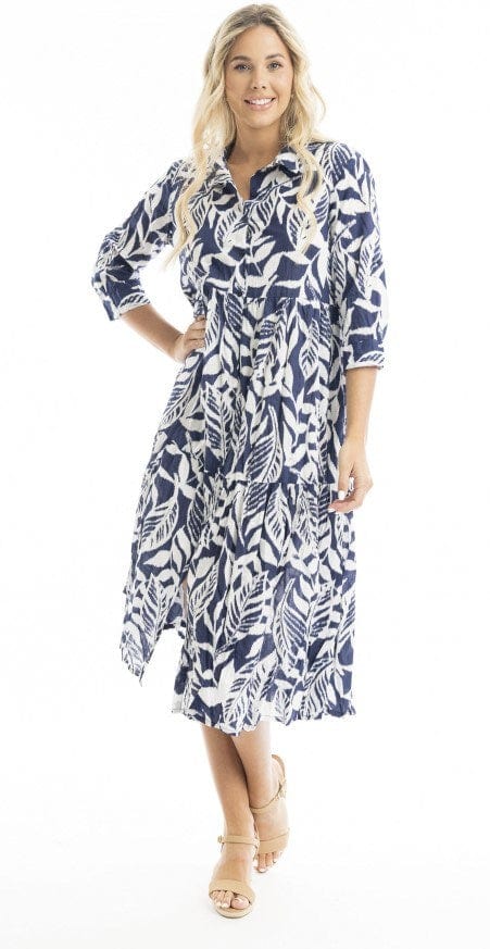 Load image into Gallery viewer, Orientique Hayman Navy Collared Midi Dress
