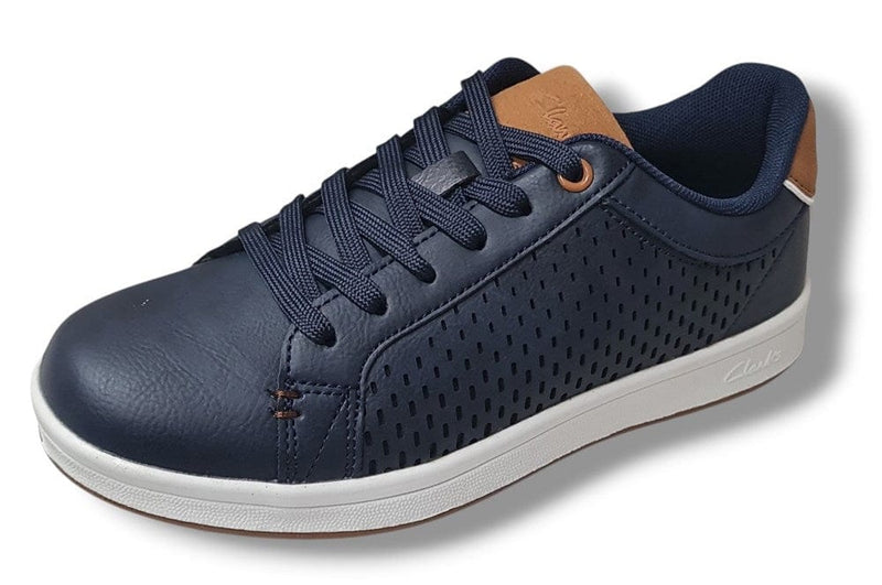 Load image into Gallery viewer, Clarks Kids Dane Senior Sneakers in Navy Tan Shoes
