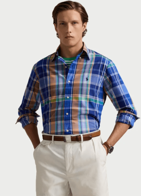 Load image into Gallery viewer, Polo Ralph Lauren Mens Custom Fit Woven Long Sleeve Shirt - Blue/Orange
