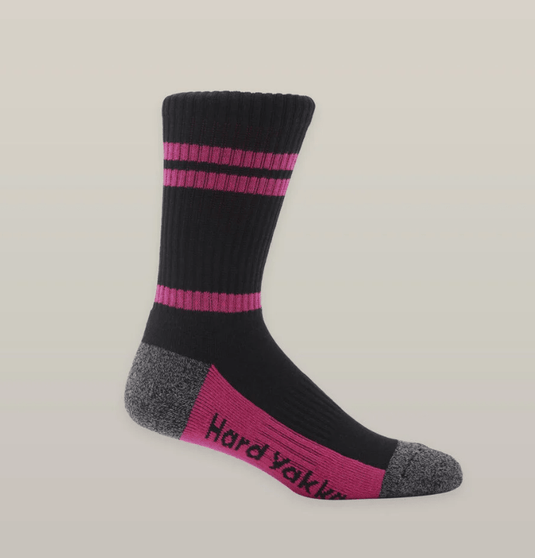 Hard Yakka Womens 3pk Crew Sock - Pink/Black