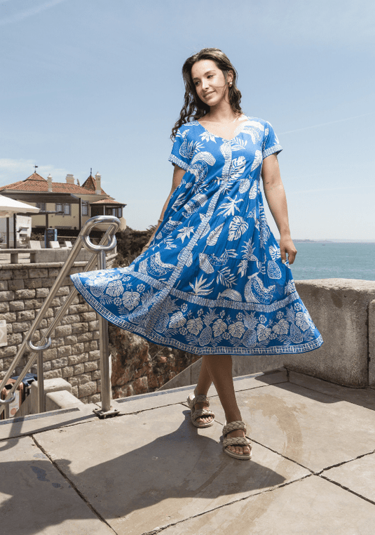 Orientique Womens Comodoro Blue Layered Short Sleeve Dress