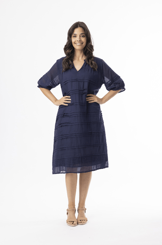 Orientique Womens Cotton Gauze Essentials Pleated Dress - Navy