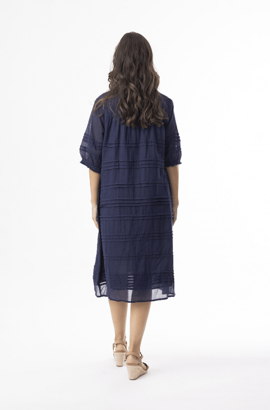 Orientique Womens Cotton Gauze Essentials Pleated Dress - Navy