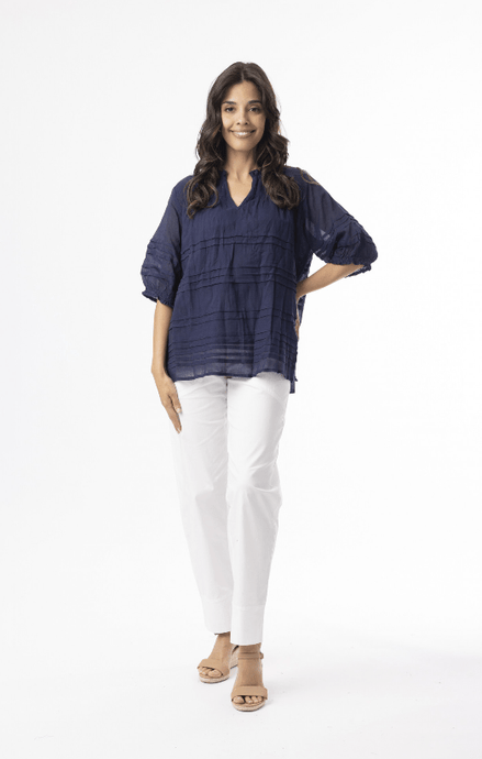 Orientique Womens Cotton Gauze Essentials Pleated Top - Navy