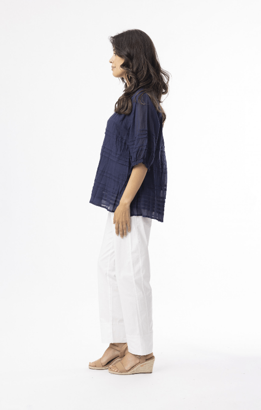 Load image into Gallery viewer, Orientique Womens Cotton Gauze Essentials Pleated Top - Navy
