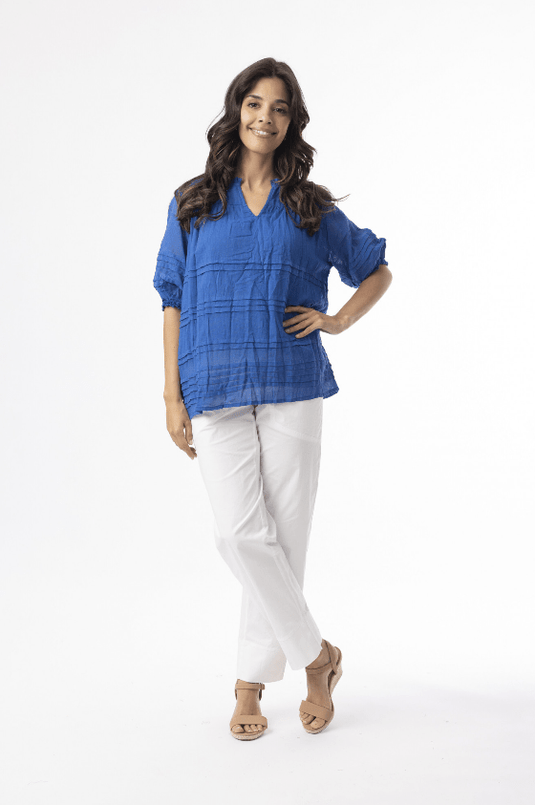 Orientique Womens Cotton Gauze Essentials Pleated Top - Blue