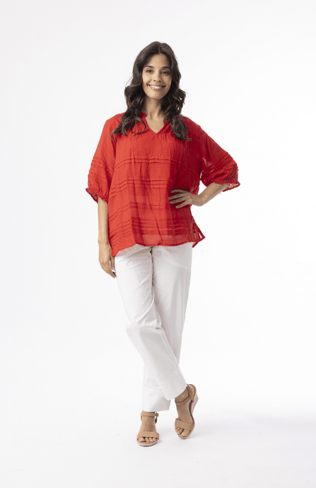 Orientique Womens Cotton Gauze Essentials Pleated Top - Red