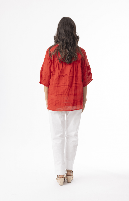 Orientique Womens Cotton Gauze Essentials Pleated Top - Red