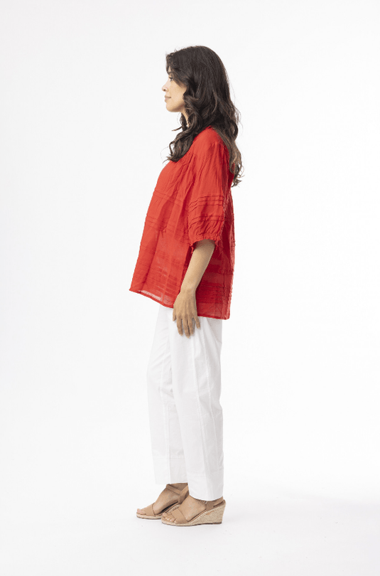 Orientique Womens Cotton Gauze Essentials Pleated Top - Red