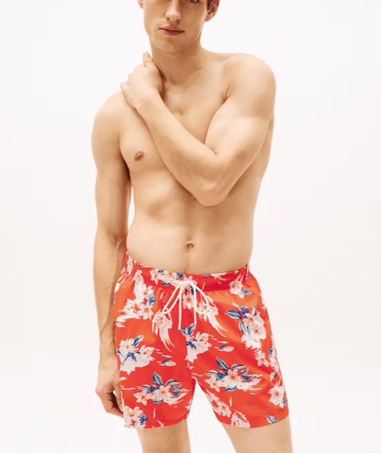 Tommy Hilfiger Mens Drawstring Swim Shorts - Tropical Floral/Brilliant Orange