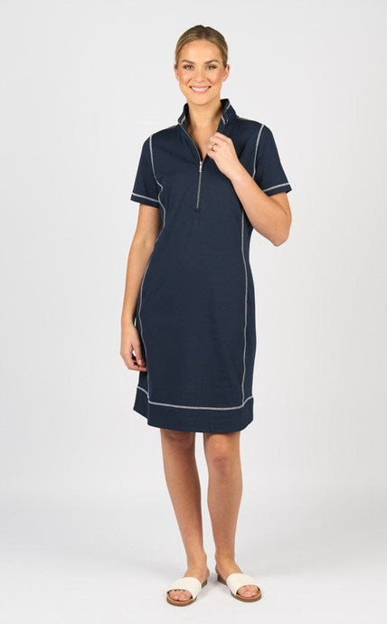 Vassalli Womens Short Sleeve Contrast Stitch Knit Dress