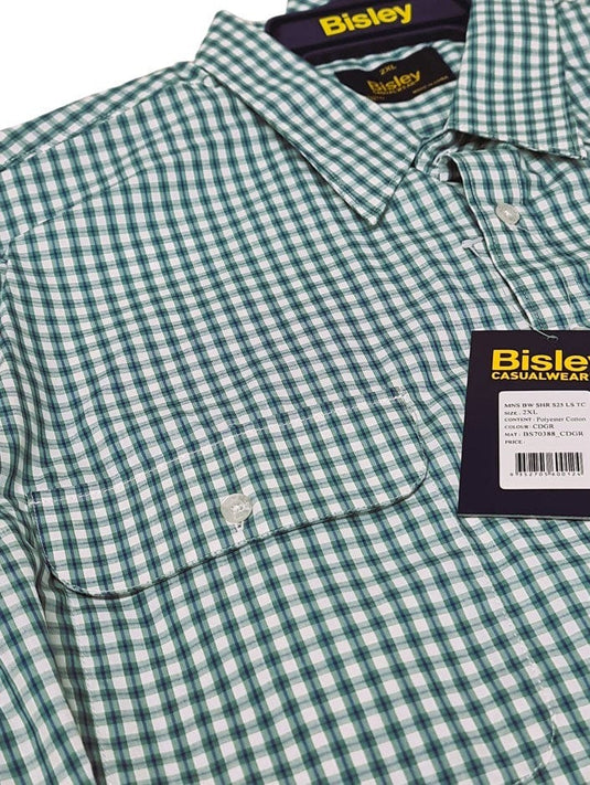 Bisley Mens Poly Cotton Long Sleeve Shirt -  Green Check
