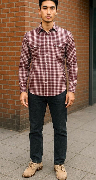 Bisley Mens Poly Cotton Long Sleeve Shirt -  Red Check