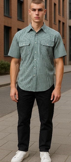 Bisley Mens Poly Cotton Short Sleeve Shirt - Dark Green Check