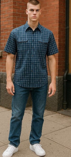 Bisley Mens Cotton Short Sleeve Shirt - Navy Check
