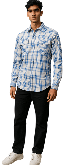 Bisley Mens Poly Cotton Long Sleeve Shirt - Dark Blue Check