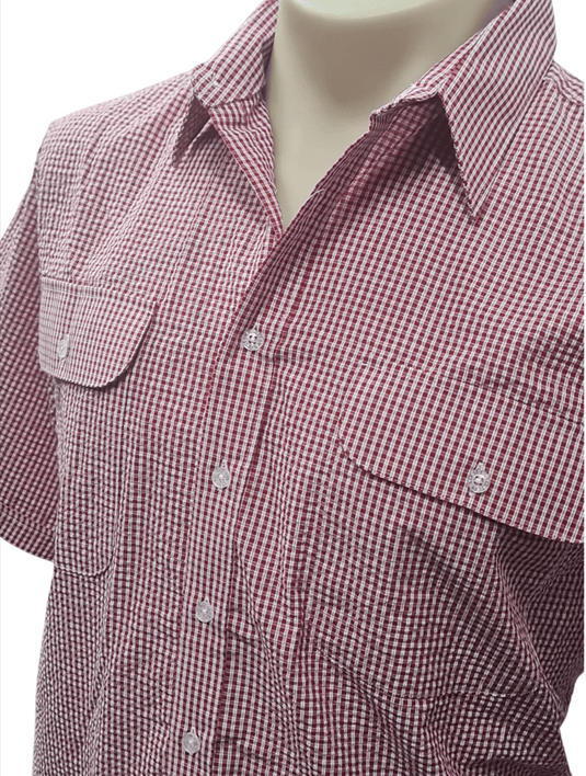 Bisley Mens Seersucker Short Sleeve Shirt - Red Check