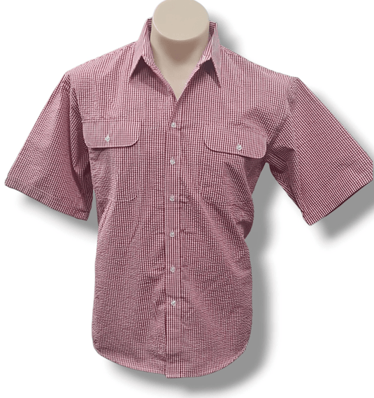 Bisley Mens Seersucker Short Sleeve Shirt - Red Check