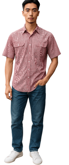 Bisley Mens Seersucker Short Sleeve Shirt - Red Check