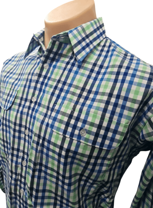 Bisley Mens Poly Cotton Long Sleeve Shirt - Blue Green Check