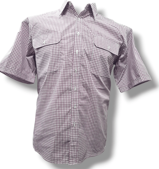 Bisley Mens Poly Cotton Short Sleeve Shirt - Maroon Check