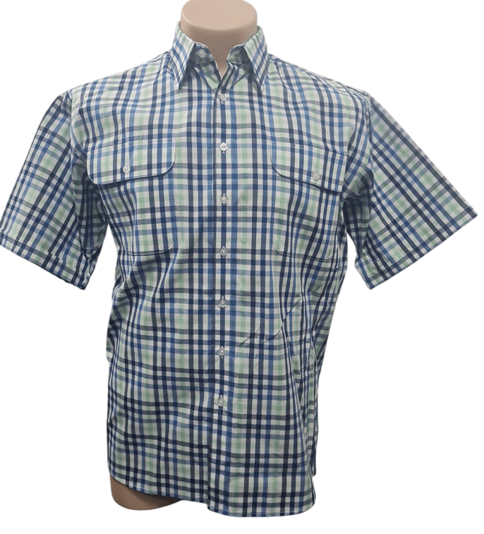 Load image into Gallery viewer, Bisley Mens Poly Cotton Short Sleeve Shirt - Blue Green Check
