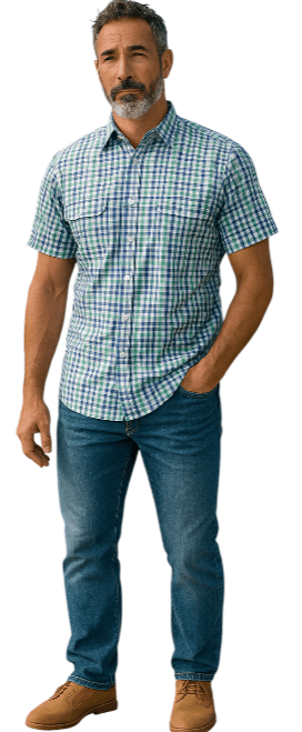 Bisley Mens Poly Cotton Short Sleeve Shirt - Blue Green Check