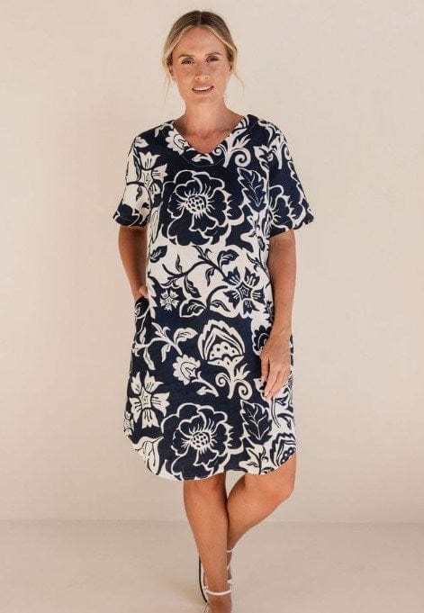 Load image into Gallery viewer, See Saw Womens Linen Soft Dress - Navy/Vine
