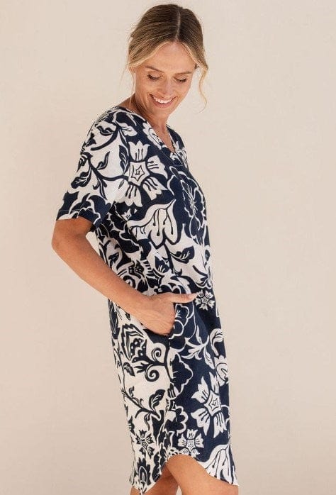 Load image into Gallery viewer, See Saw Womens Linen Soft Dress - Navy/Vine
