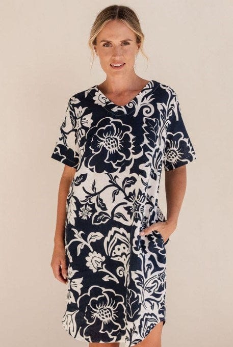 See Saw Womens Linen Soft Dress - Navy/Vine
