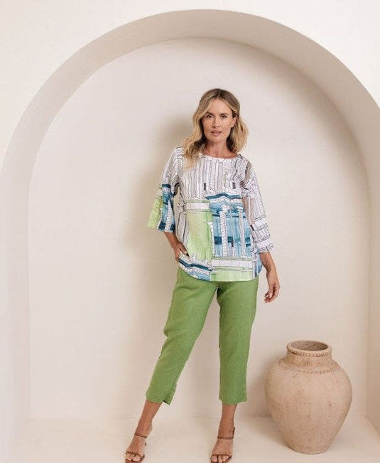 See Saw Womens Linen 3/4 Sleeve Curved Hem Top - Rome