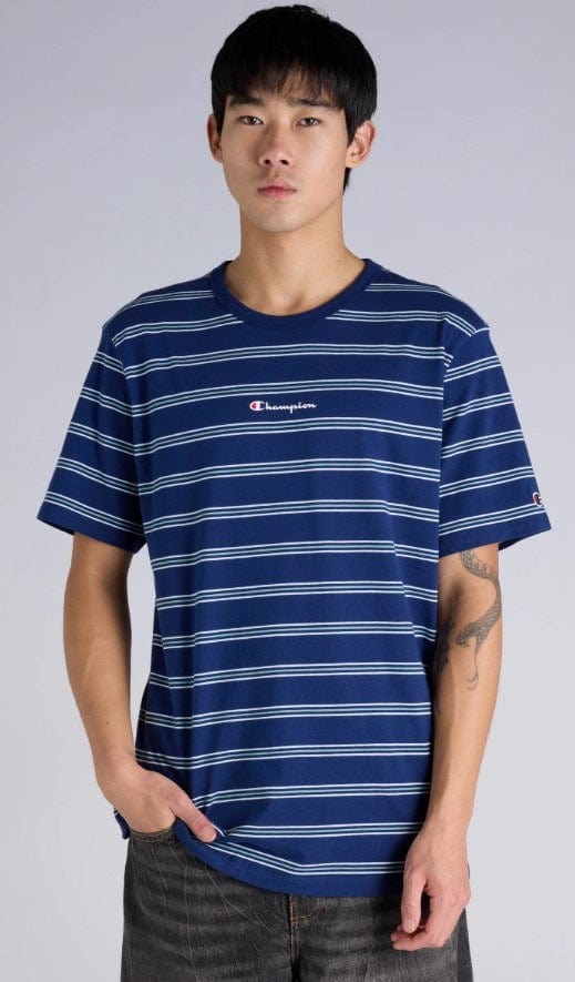 Load image into Gallery viewer, Champion Mens Script Stripe Tee - Blue Stripe
