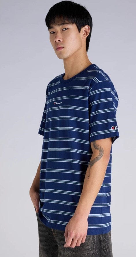 Load image into Gallery viewer, Champion Mens Script Stripe Tee - Blue Stripe
