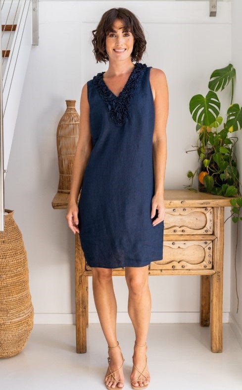 See Saw Womens Linen Short Sleeve Ruffle Front Dress