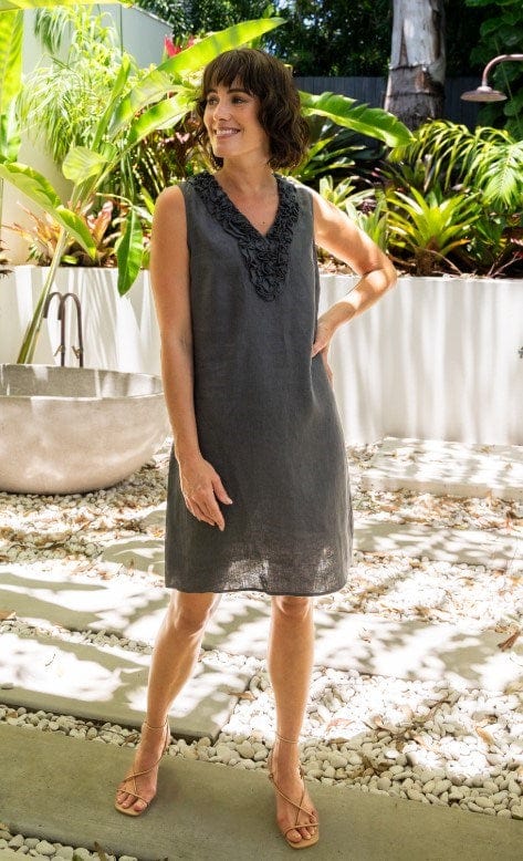 Load image into Gallery viewer, See Saw Womens Linen Short Sleeve Ruffle Front Dress
