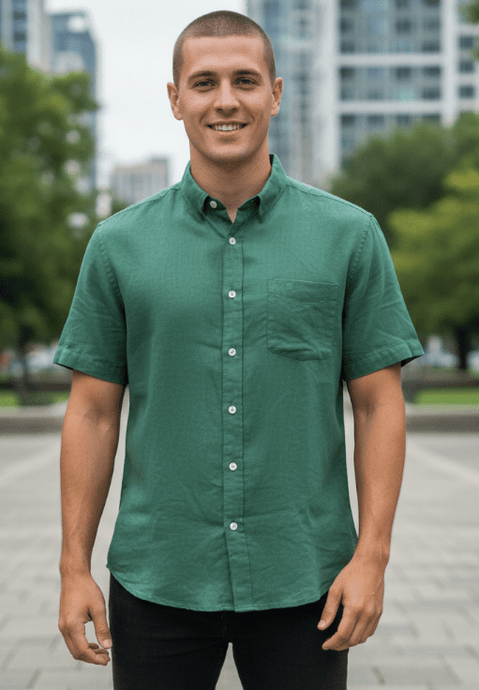 Back Bay Mens Linen Plain Short Sleeve Shirt - Evergreen