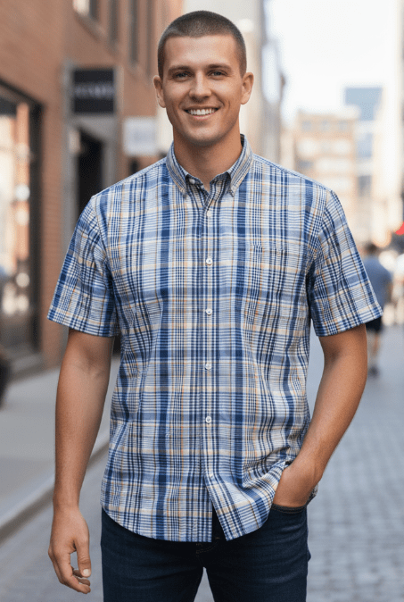 Back Bay Mens Cotton Spandex Check Short Sleeve Shirt