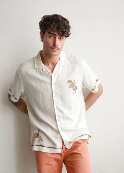 James Harper Mens White Rodeo Cuban Collar Linen Shirt