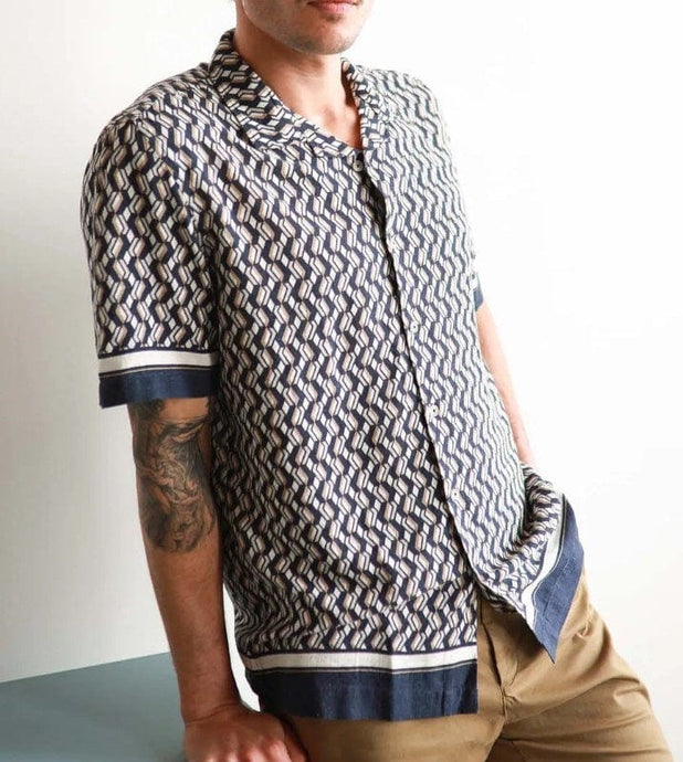 James Harper Mens Malt Cannes Border Cuban Collar Linen Shirt
