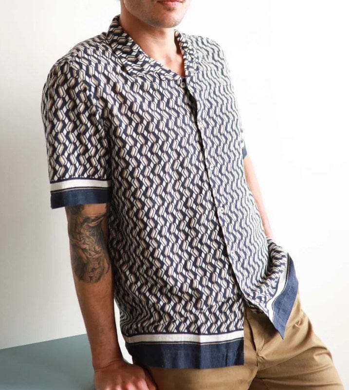 Load image into Gallery viewer, James Harper Mens Malt Cannes Border Cuban Collar Linen Shirt

