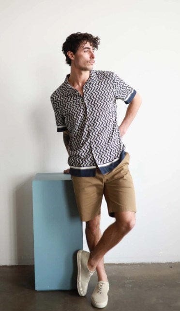 Load image into Gallery viewer, James Harper Mens Malt Cannes Border Cuban Collar Linen Shirt
